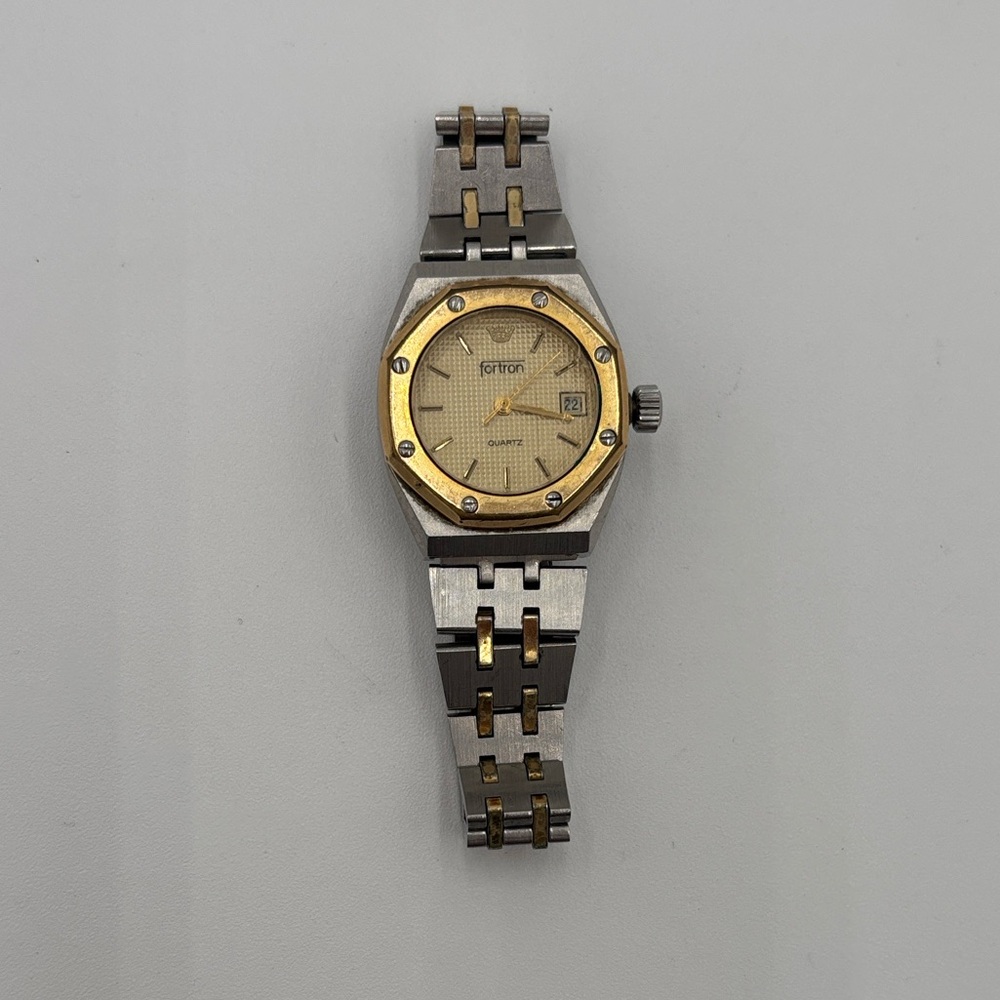 Vintage Fortron 4397W Swiss Quartz Two-Tone Watch Gold Bezel Stainless Steel